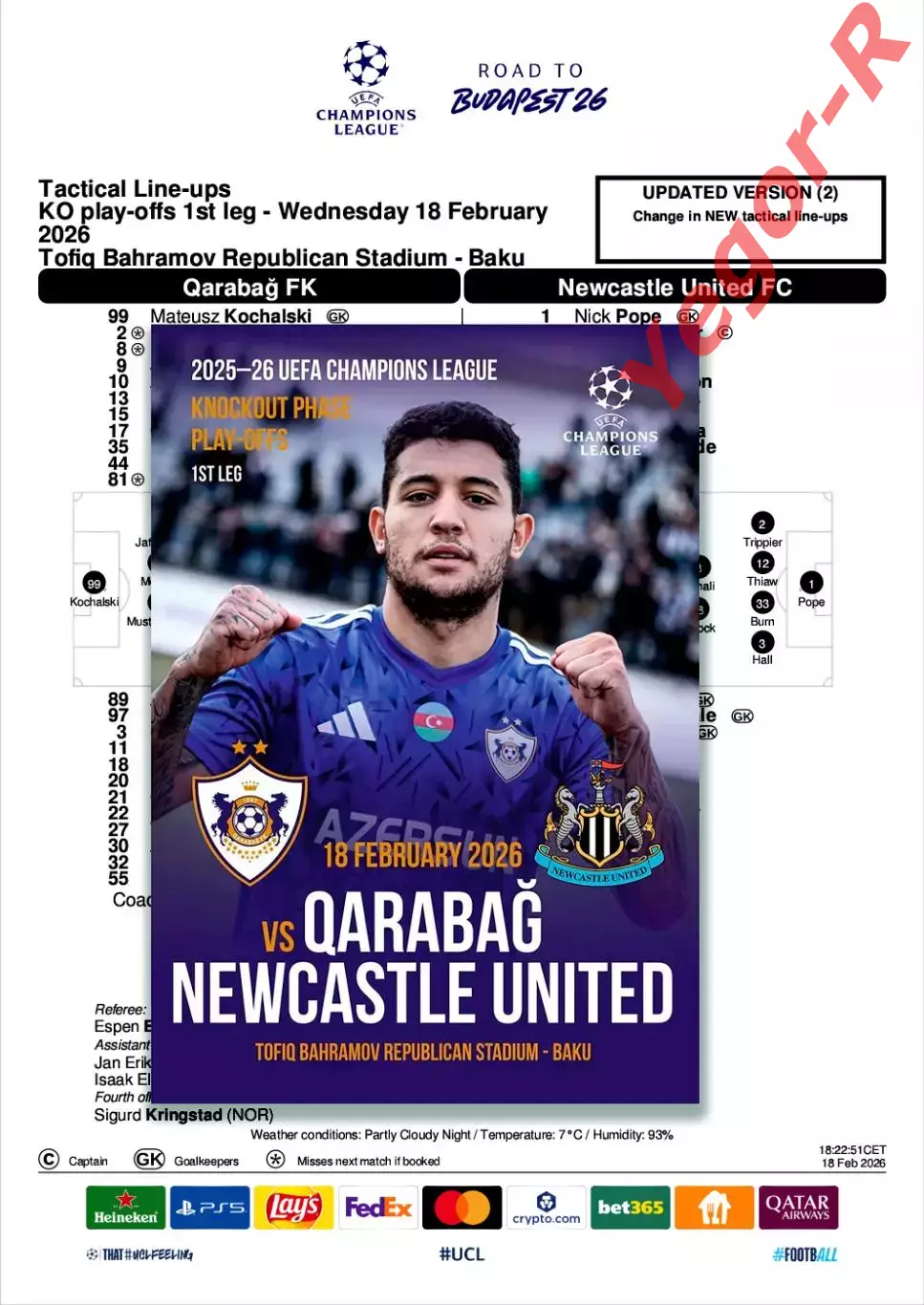 КАРАБАХ Азербайджан - НЬЮКАСЛ ЮНАЙТЕД Англия 18 февраля 2026 ЛЧ ФАН 12с+ офиц ТШ