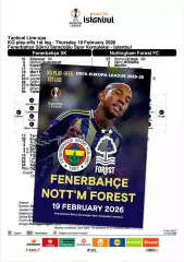 ФЕНЕРБАХЧЕ Турция - НОТТИНГЕМ ФОРЕСТ Англия 19 февраля 2026 ЛЕ ФАН 12 с+ офиц ТШ