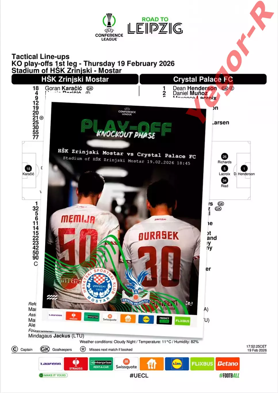 ЗРИНЬСКИ Босния - КРИСТАЛ ПЭЛАС Англия 19 февраля 2026 ЛК ФАН 16 с+ офиц ТШ