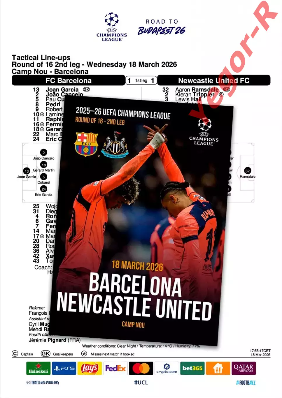 БАРСЕЛОНА Испания - НЬЮКАСЛ ЮНАЙТЕД Англия 18 марта 2026 ЛЧ ФАН 12 стр + офиц ТШ