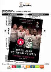 МИДТЬЮЛЛАНД Дания - НОТТИНГЕМ ФОРЕСТ Англия 19 марта 2026 ЛЕ ФАН 12стр + офиц ТШ