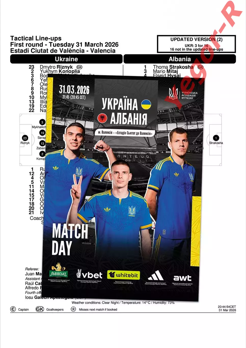 УКРАИНА - АЛБАНИЯ 31 марта 2026 ТМ ФАН + официальный тш