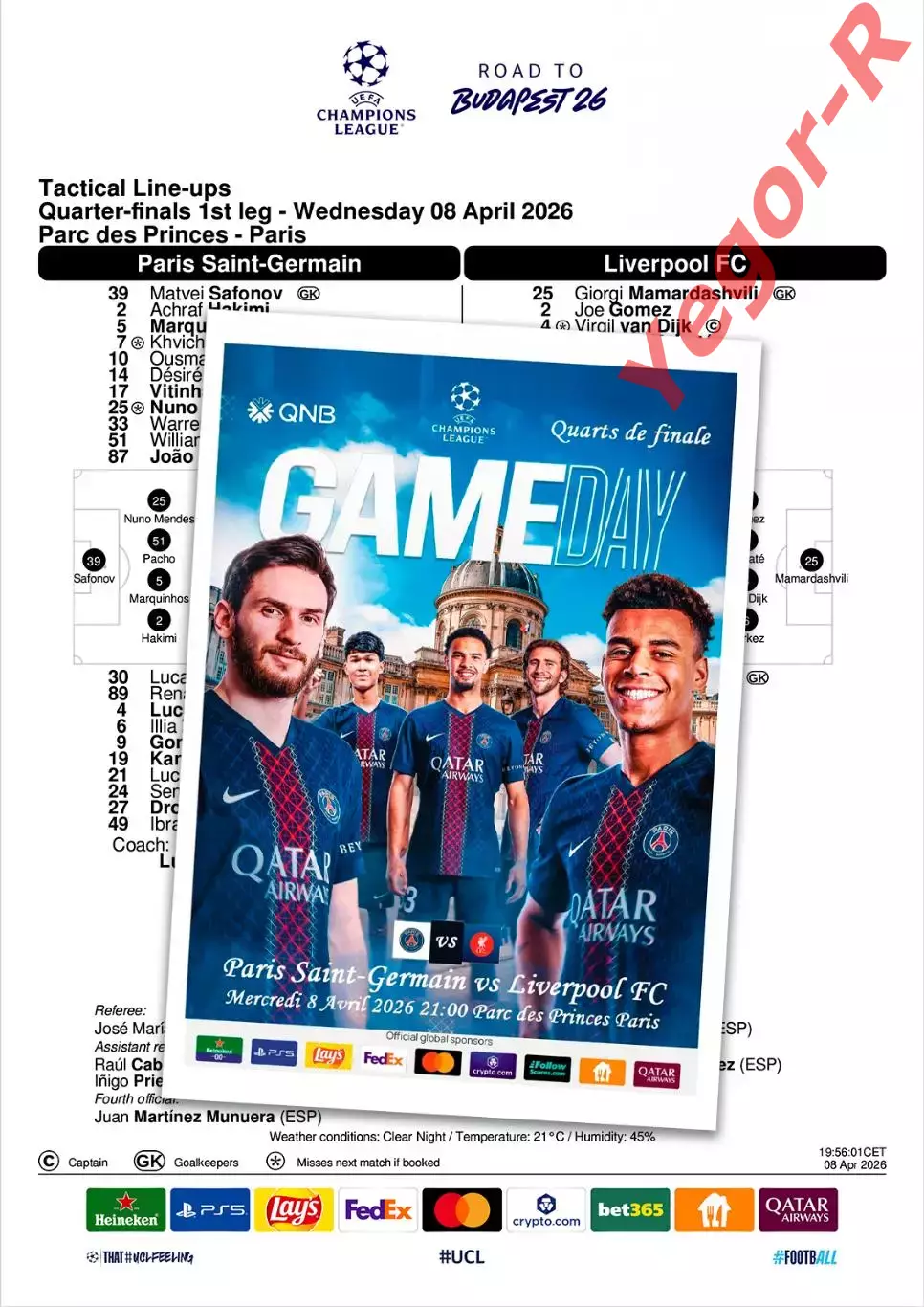 ПСЖ Париж Франция - ЛИВЕРПУЛЬ Англия 8 апреля 2026 ЛЧ 1/4 ФАН 16 стр + офиц ТШ