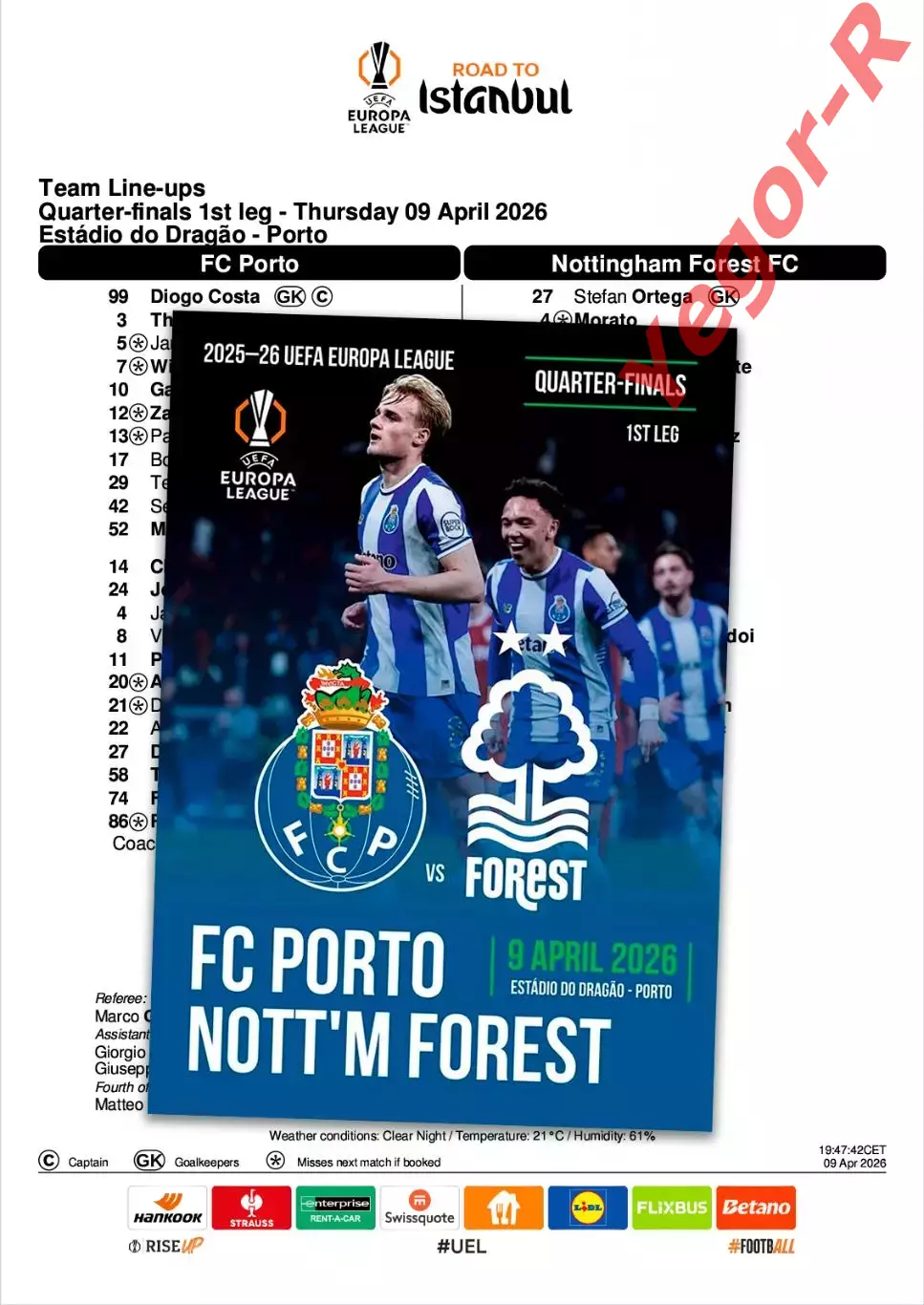 ПОРТО Португалия - НОТТИНГЕМ ФОРЕСТ Англия 9 апреля 2026 ЛЕ ФАН 12 стр + офиц ТШ