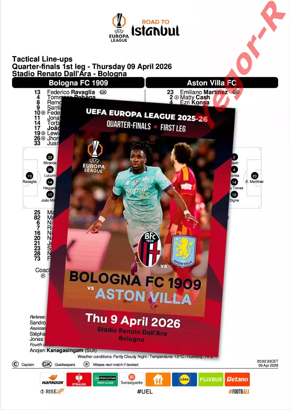 БОЛОНЬЯ Италия - АСТОН ВИЛЛА Англия 9 апреля 2026 ЛЕ 1/4 ФАН 126 стр + офиц ТШ