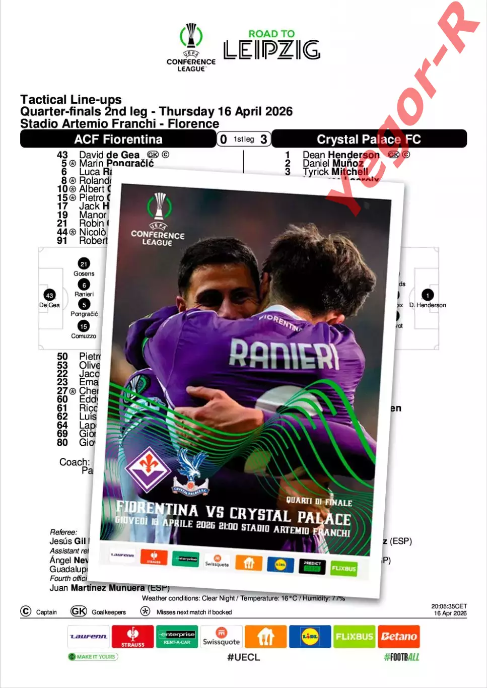 ФИОРЕНТИНА Италия - КРИСТАЛ ПЭЛАС Англия 16 апреля 2026 ЛК ФАН 16 стр + офиц ТШ