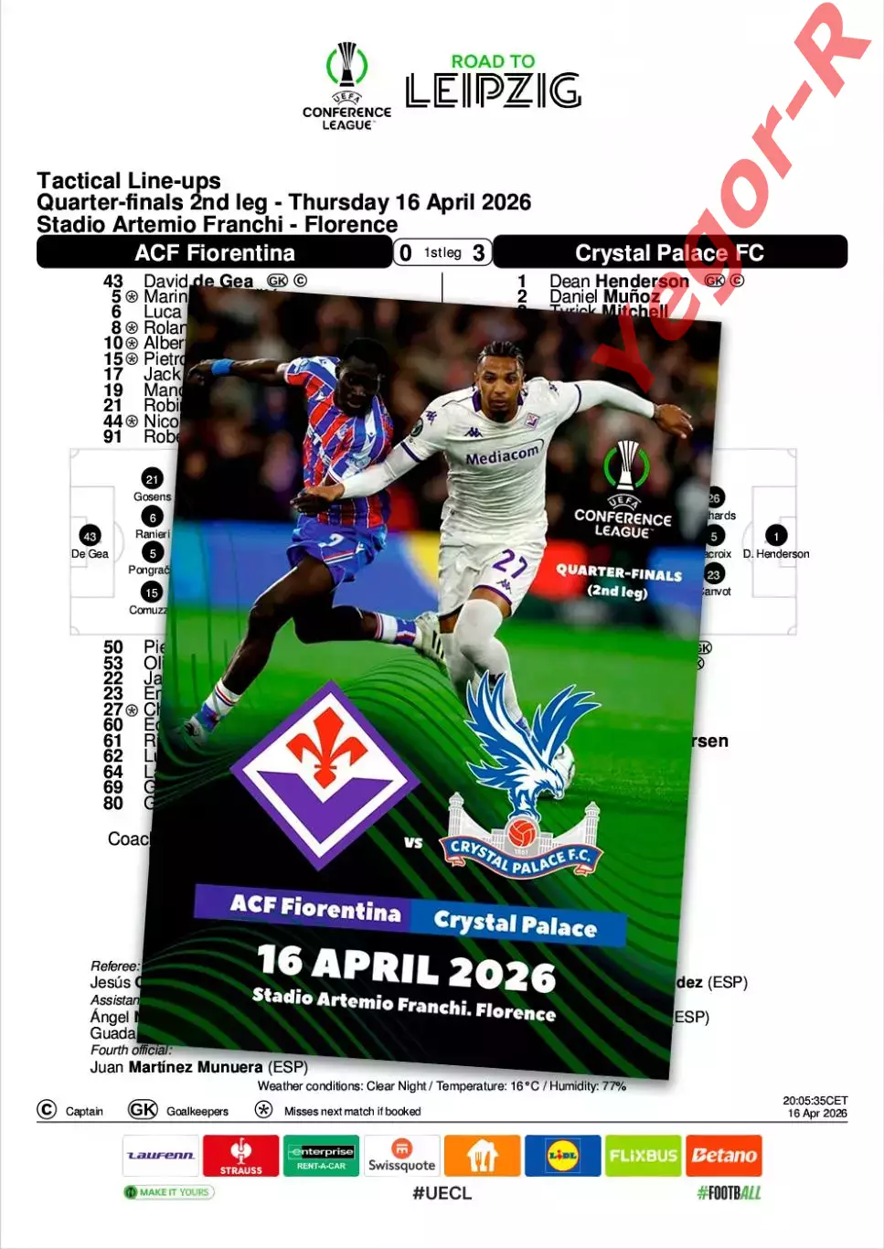 ФИОРЕНТИНА Италия - КРИСТАЛ ПЭЛАС Англия 16 апреля 2026 ЛК ФАН 12 стр + офиц ТШ