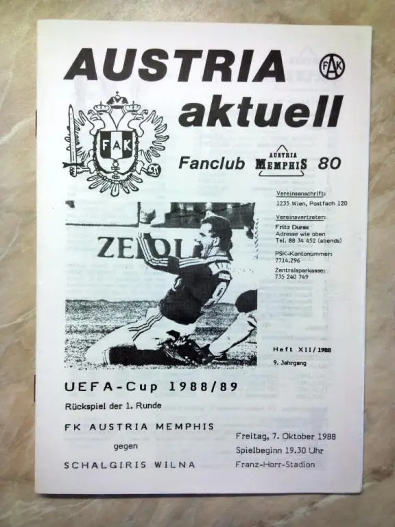 Аустрия Вена Австрия - Жальгирис Вильнюс СССР Литва 1988 Кубок УЕФА ОРИГИНАЛ!