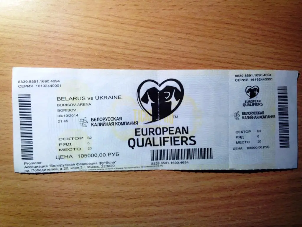 Беларусь - Украина 2014 отб. ЧЕ-2016 Франция билет