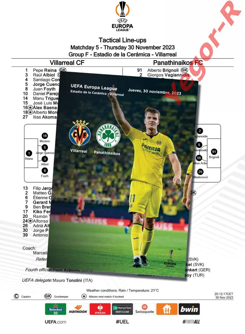 ВИЛЬЯРРЕАЛ Испания - ПАНАТИНАИКОС Греция 30 ноября 2023 ЛЕ ФАН 12с+ ОФИЦ ТШ