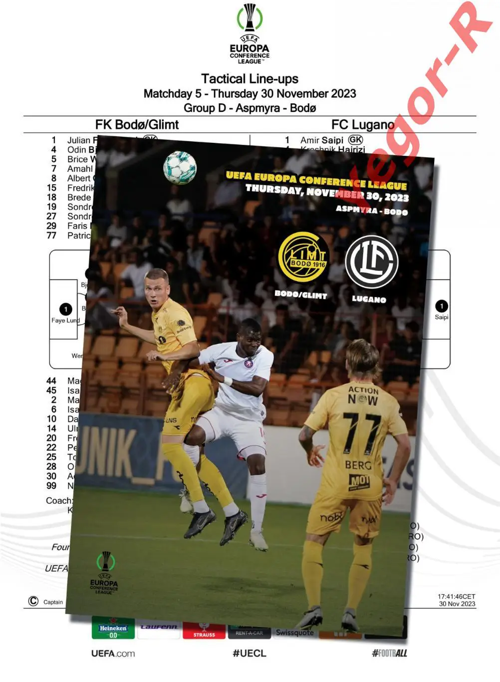 БОДО ГЛИМТ Норвегия - ЛУГАНО Швейцария 30 ноября 2023 ЛК ФАН 12с+ ОФИЦ ТШ