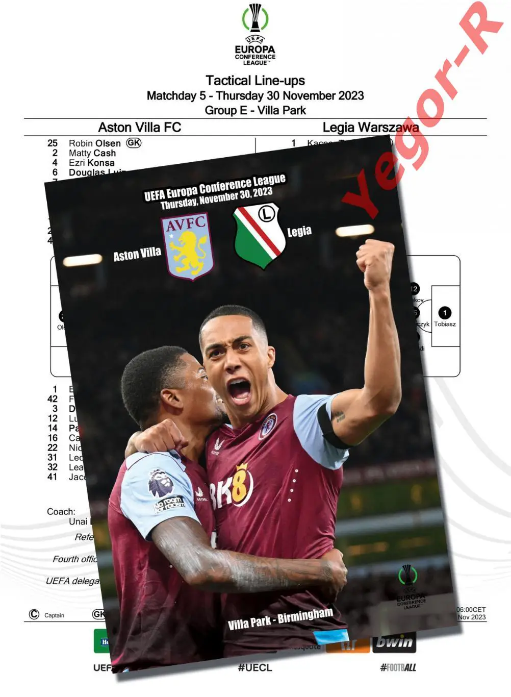 АСТОН ВИЛЛА Англия - ЛЕГИЯ Варшава Польша 30 ноября 2023 ЛК ФАН 12с+ ОФИЦ ТШ