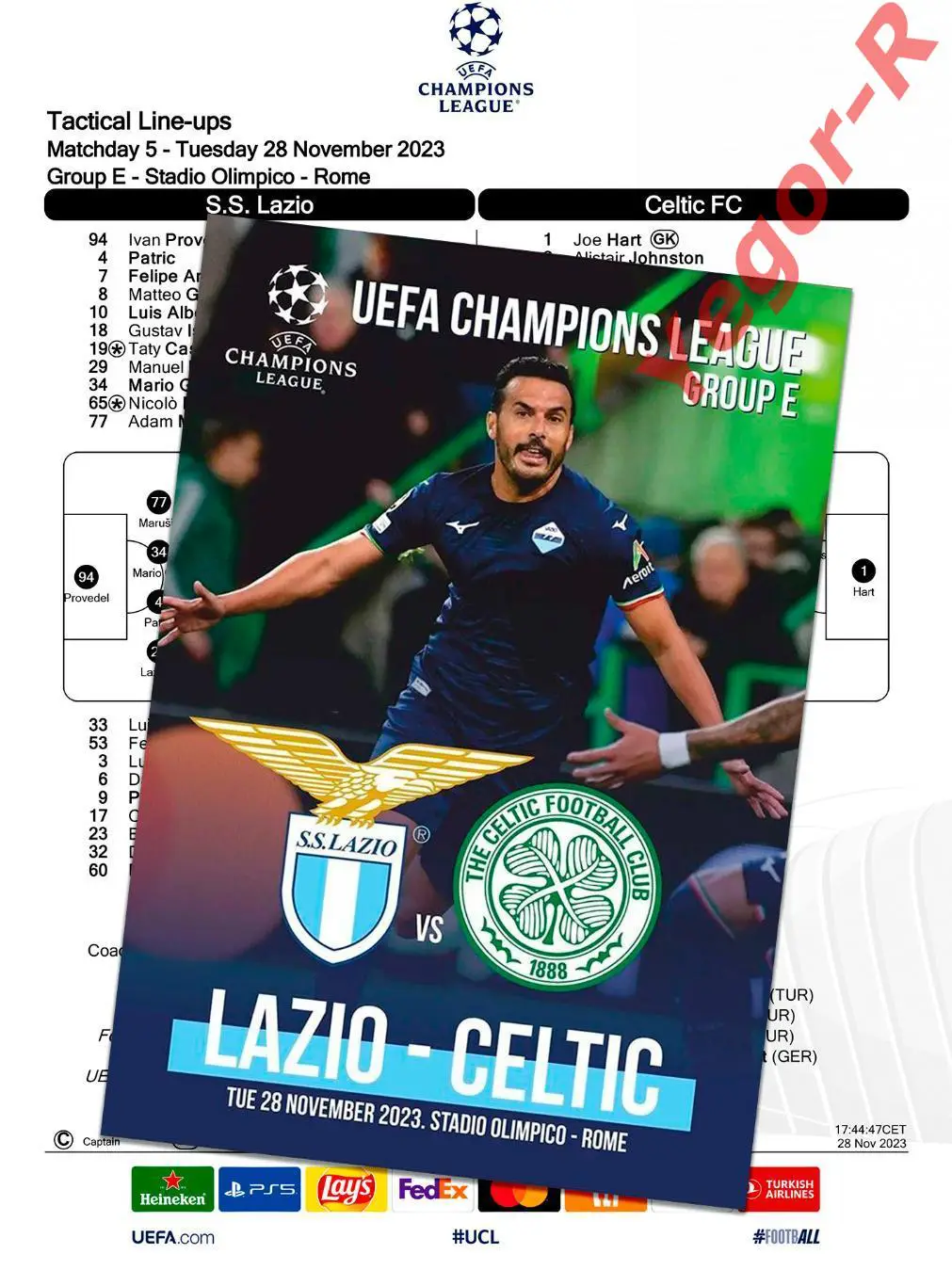 ЛАЦИО Рим Италия - СЕЛТИК Глазго Шотландия 28 ноября 2023 ЛЧ ФАН 12с+ ОФИЦ ТШ