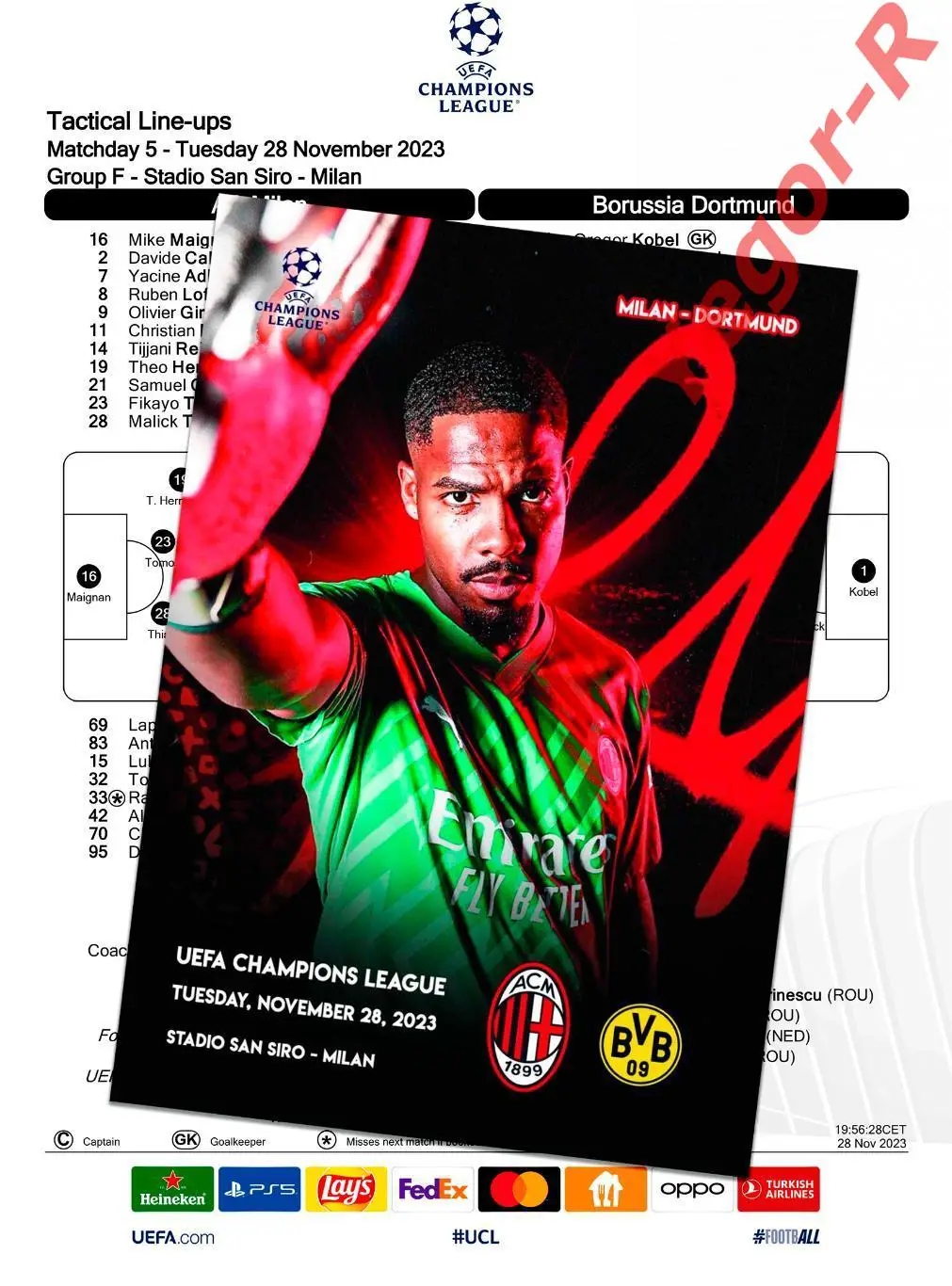 МИЛАН Италия - БОРУССИЯ Дортмунд Германия 28 ноября 2023 ЛЧ ФАН 12с+ ОФИЦ ТШ