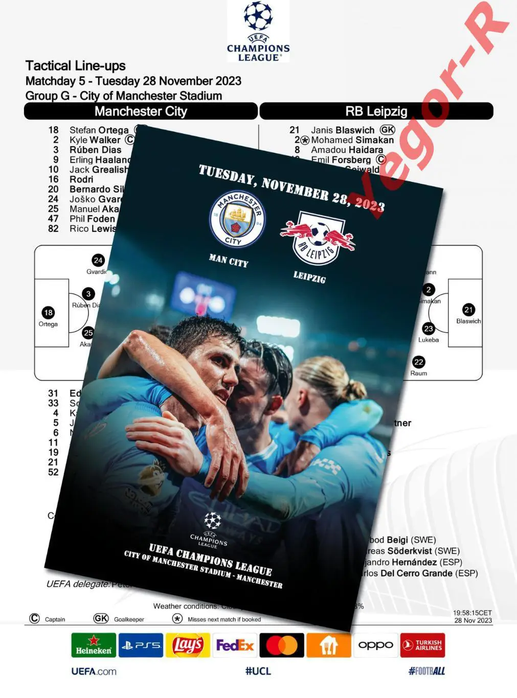 МАНЧЕСТЕР СИТИ Англия - ЛЕЙПЦИГ Германия 28 ноября 2023 ЛЧ ФАН 12с+ ОФИЦ ТШ