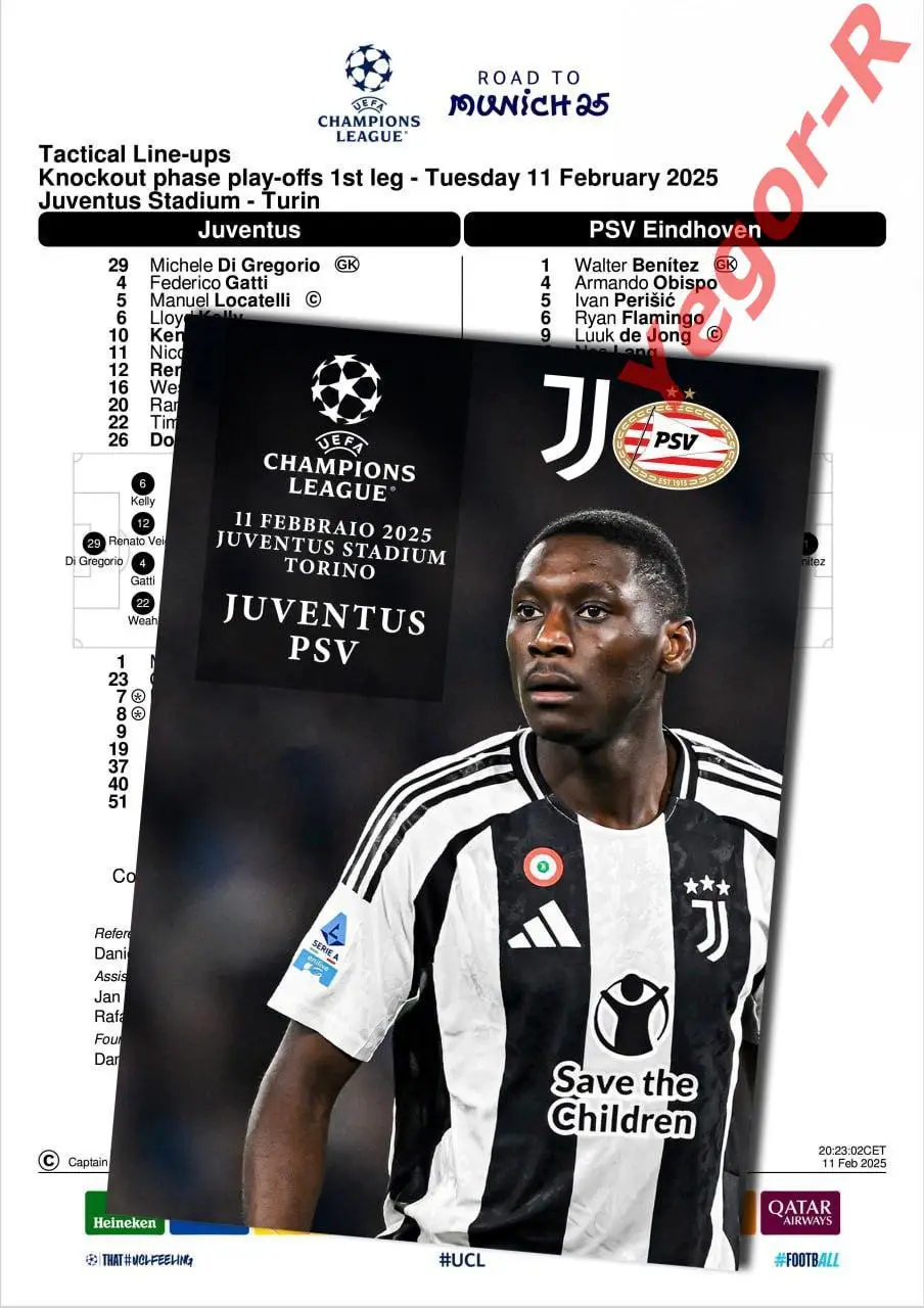 ЮВЕНТУС Турин Италия ПСВ Эйндховен Нидерланды 11 февраля 2025 ЛЧ ФАН 12с+офиц ТШ