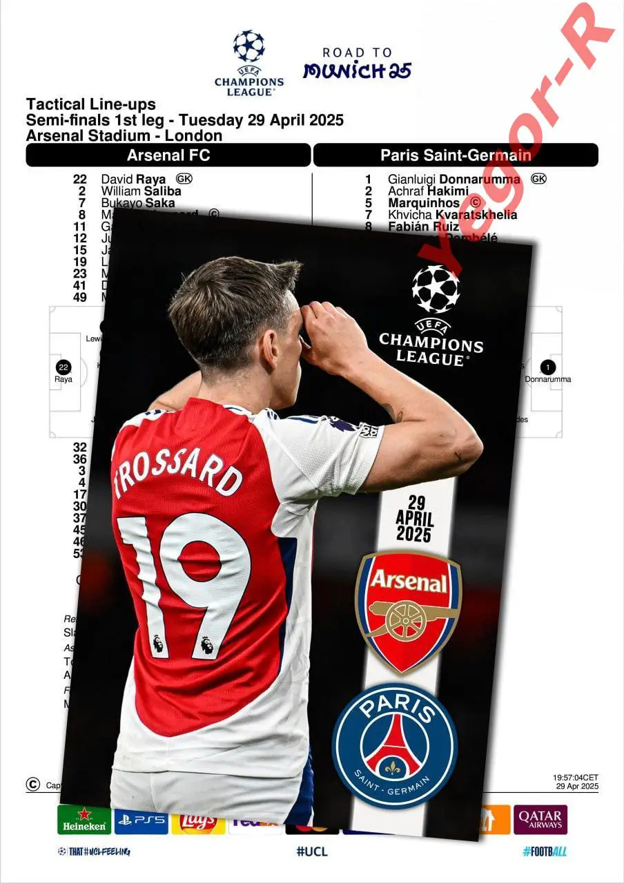 АРСЕНАЛ Лондон Англия - ПСЖ Париж Франция 29 апреля 2025 ЛЧ ФАН 12 стр + офиц ТШ