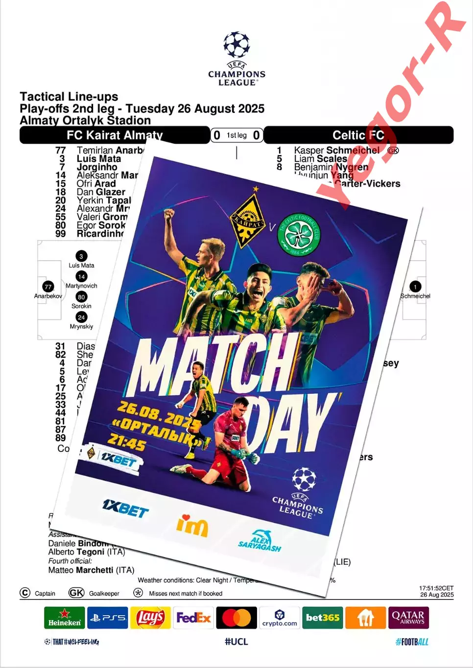 КАЙРАТ Алматы Казахстан СЕЛТИК Глазго Шотландия 26 августа 2025 ЛЧ ФАН + ОФИЦ ТШ