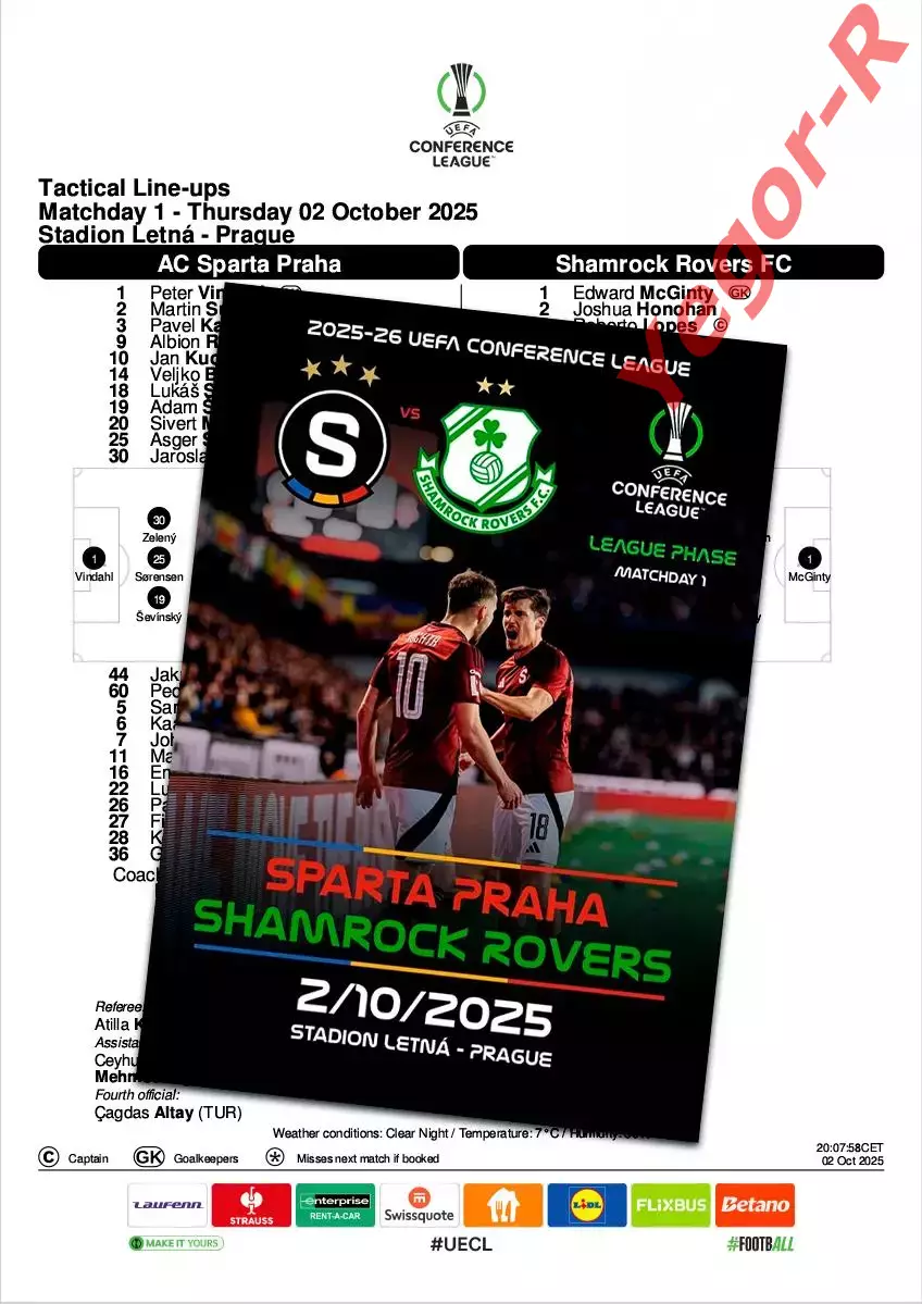 СПАРТА Прага Чехия - ШЕМРОК РОВЕРС Ирландия 2 октября 2025 ЛК ФАН 12 с + офиц ТШ
