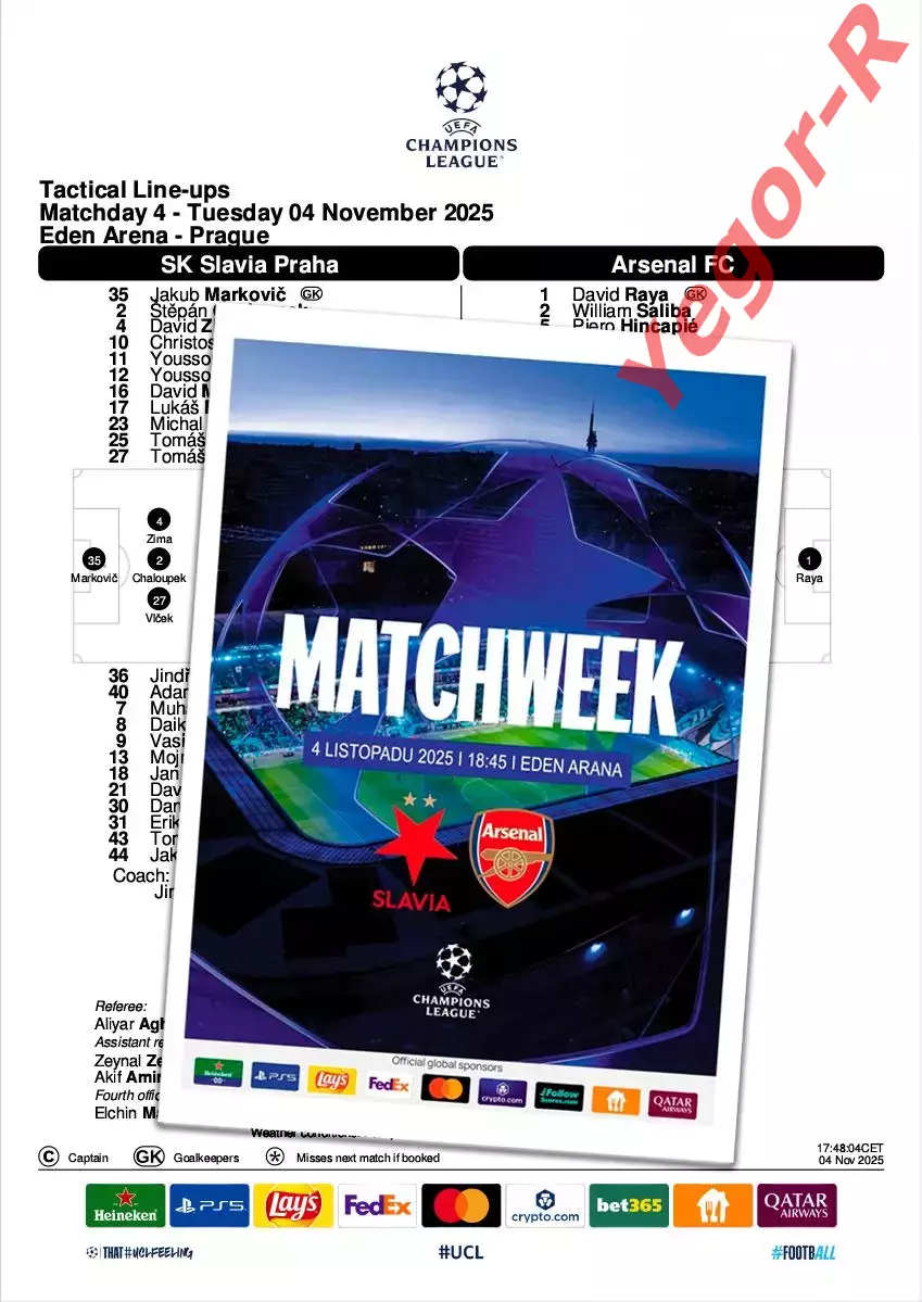 СЛАВИЯ Прага Чехия - АРСЕНАЛ Лондон Англия 4 ноября 2025 ЛЧ ФАН 16 стр + офиц ТШ