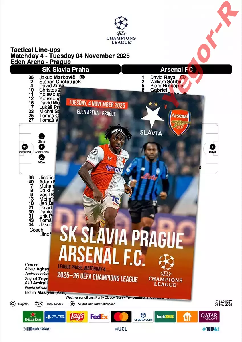 СЛАВИЯ Прага Чехия - АРСЕНАЛ Лондон Англия 4 ноября 2025 ЛЧ ФАН 12 стр + офиц ТШ