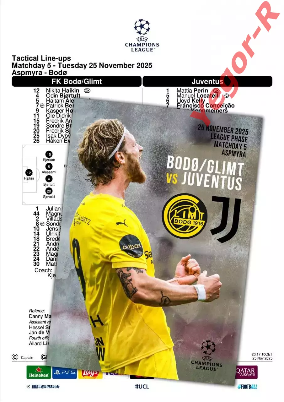 БОДО ГЛИМТ Норвегия - ЮВЕНТУС Турин Италия 25 ноября 2025 ЛЧ ФАН 12стр + офиц ТШ