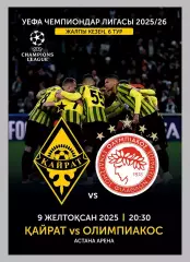 КАЙРАТ Казахстан - ОЛИМПИАКОС Пирей Греция 9 декабря 2025 ЛЧ официальная КЛФ