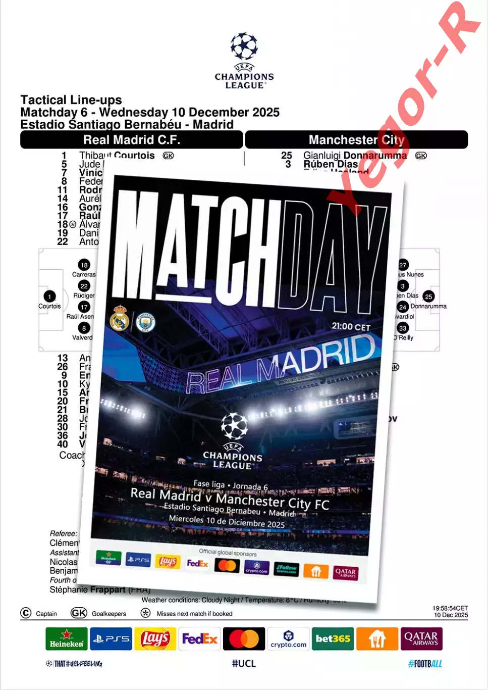 РЕАЛ Мадрид Испания - МАНЧЕСТЕР СИТИ Англия 10 декабря 2025 ЛЧ ФАН 16с+ офиц ТШ