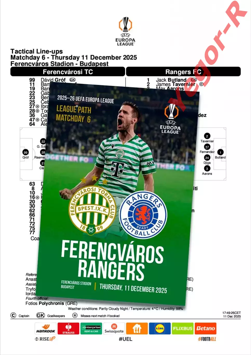 ФЕРЕНЦВАРОШ Венгрия ГЛАЗГО РЕЙНДЖЕРС Шотландия 11 декабря 2025 ЛЕ ФАН 12с+ оф ТШ