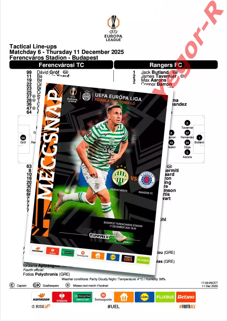 ФЕРЕНЦВАРОШ Венгрия ГЛАЗГО РЕЙНДЖЕРС Шотландия 11 декабря 2025 ЛЕ ФАН 16с+ оф ТШ