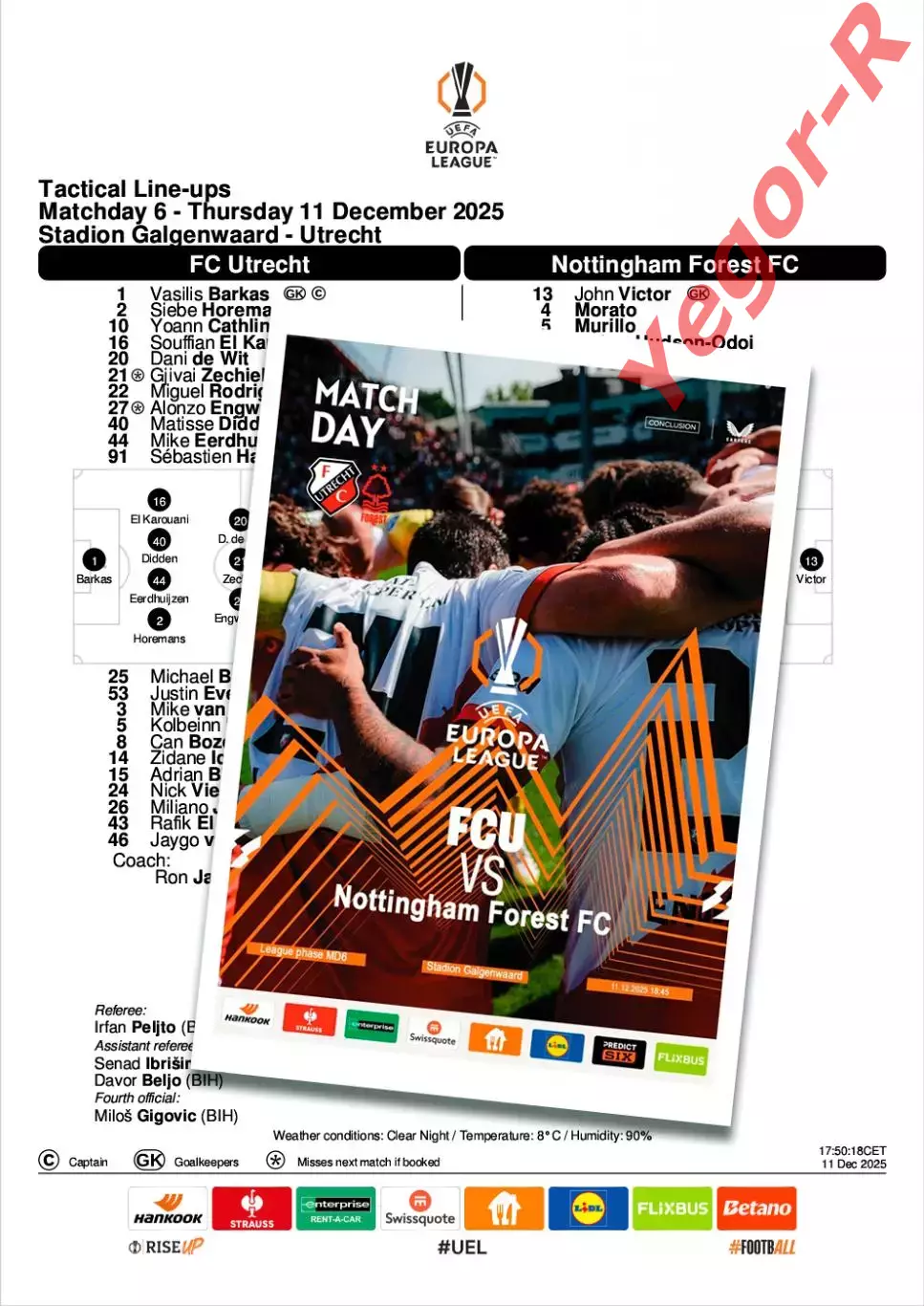 УТРЕХТ Нидерланды - НОТТИНГЕМ ФОРЕСТ Англия 11 декабря 2025 ЛЕ ФАН 16с + офиц ТШ