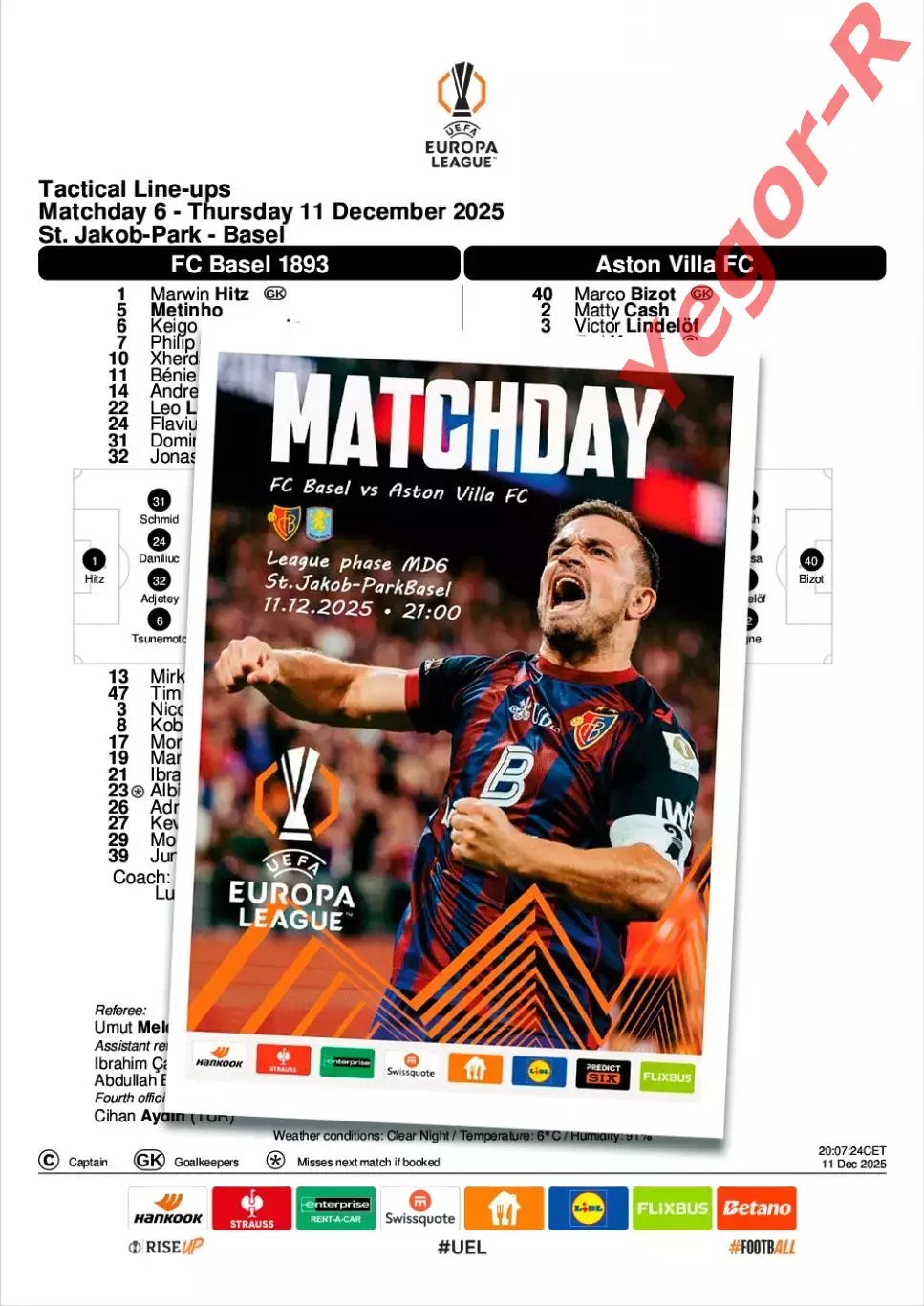 БАЗЕЛЬ Швейцария - АСТОН ВИЛЛА Англия 11 декабря 2025 ЛЕ ФАН 16 стр + офиц ТШ