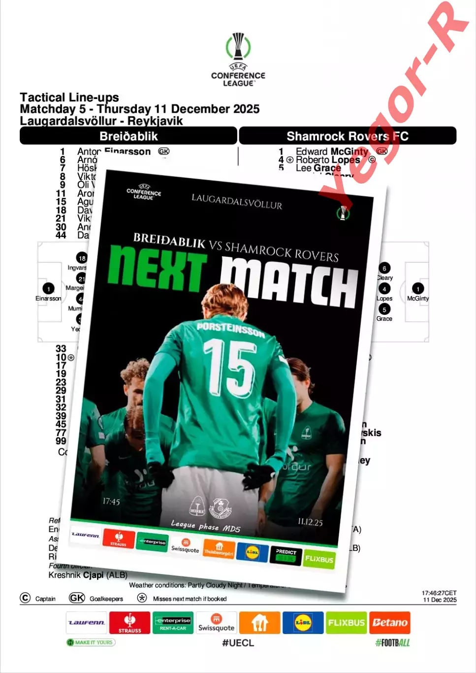БРЕЙДАБЛИК Исландия ШЕМРОК РОВЕРС Ирландия 11 декабря 2025 ЛК ФАН 16 с + офиц ТШ