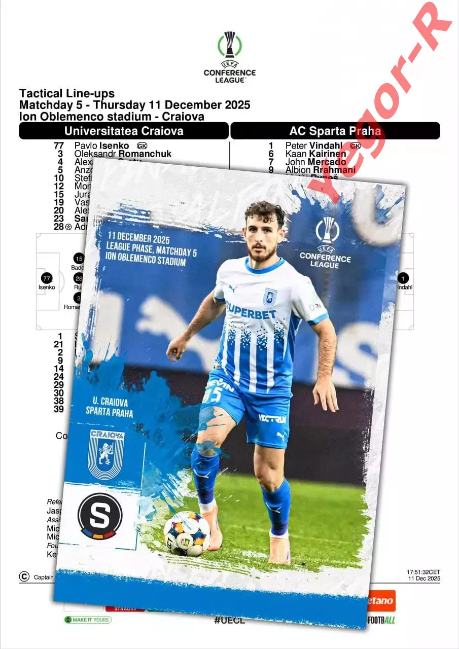 УНИВЕРСИТАТЯ Кр. Румыния СПАРТА Прага Чехия 11 декабря 2025 ЛК ФАН 12с + офиц ТШ