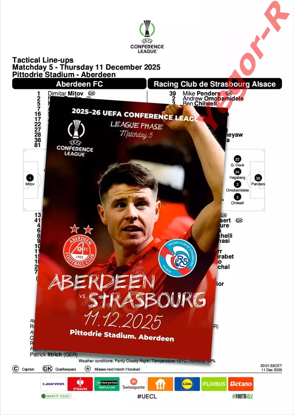 АБЕРДИН Шотландия - СТРАСБУРГ Франция 11 декабря 2025 ЛК ФАН 12 стр + офиц ТШ