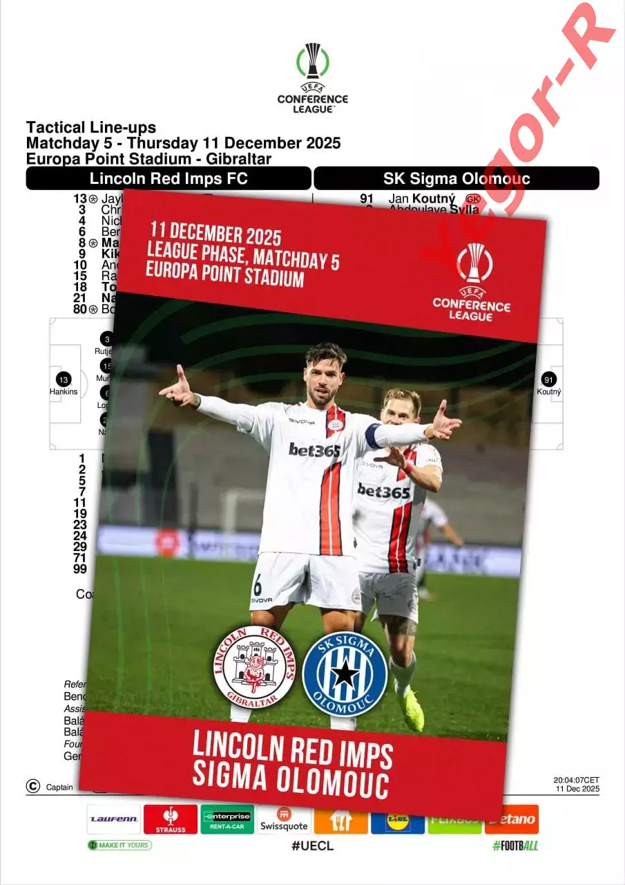 ЛИНКОЛЬН Гибралтар - СИГМА Оломоуц Чехия 11 декабря 2025 ЛК ФАН 12 с + офиц ТШ