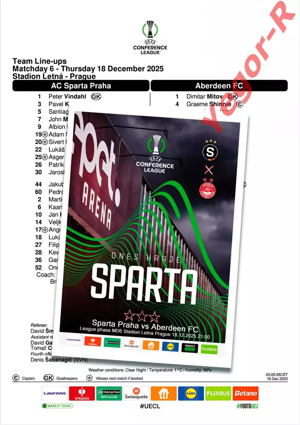 СПАРТА Прага Чехия - АБЕРДИН Шотландия 18 декабря 2025 ЛК ФАН 16 стр + офиц ТШ