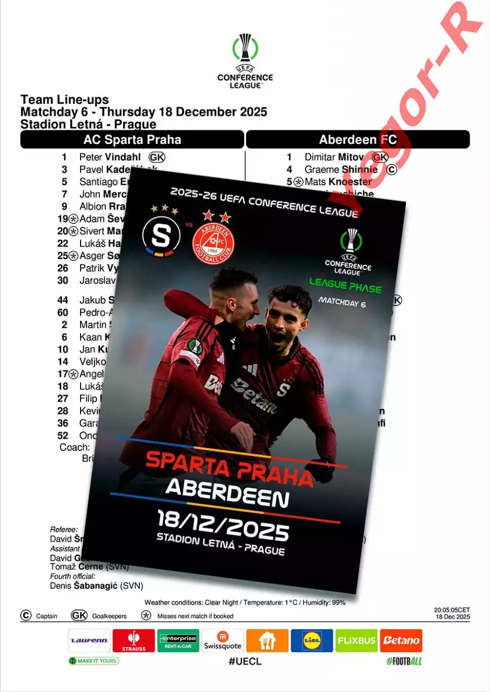 СПАРТА Прага Чехия - АБЕРДИН Шотландия 18 декабря 2025 ЛК ФАН 12 стр + офиц ТШ