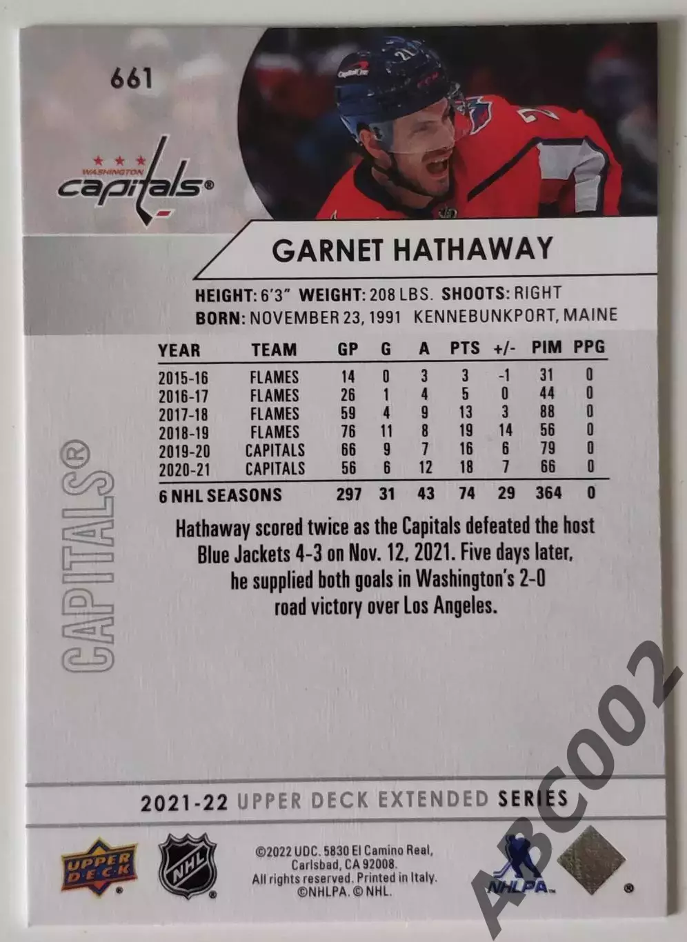 Карточка НХЛ / Garnet Hathaway / Washington Cpaitals 1