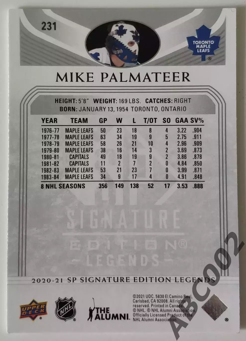 Карточка НХЛ / Mike Palmateer / Maple Leafs 1