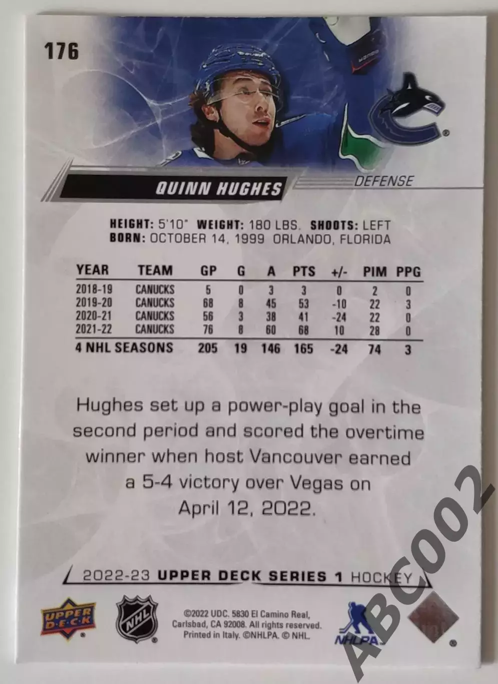 Карточка НХЛ / Quinn Hughes / Canucks 1
