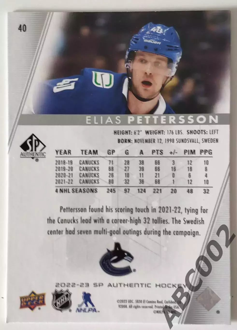 Карточка НХЛ / Elias Pettersson / Canucks 1