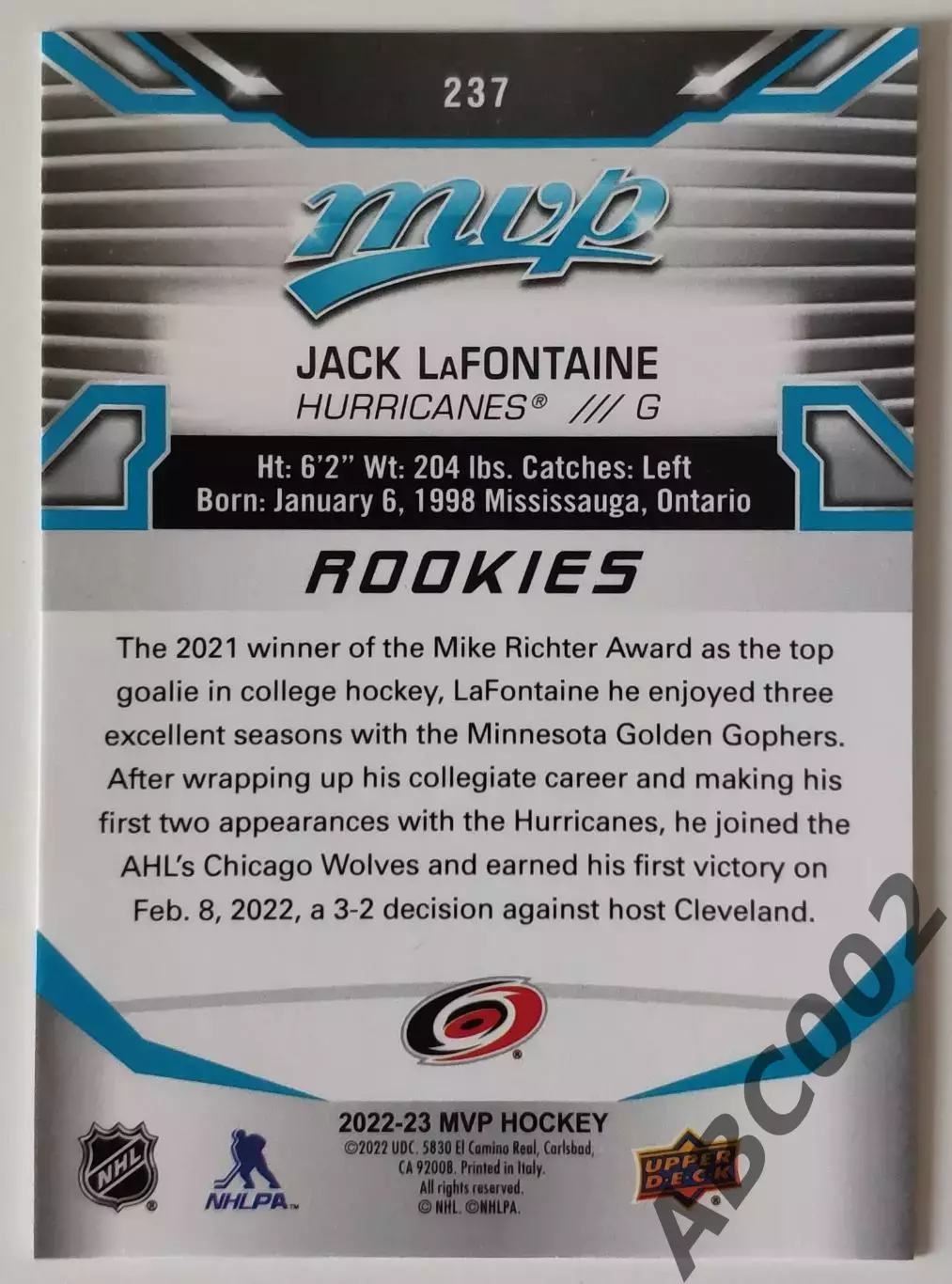 Карточка НХЛ / Jack LaFontaine / Hurricanes 1