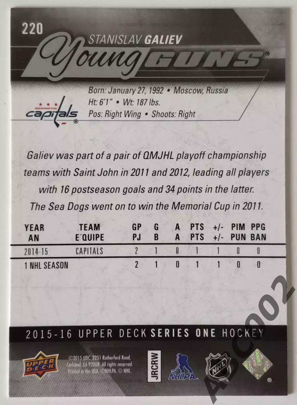 Карточка НХЛ / Young Guns / Stanislav Galiev / Washington Capitals 1
