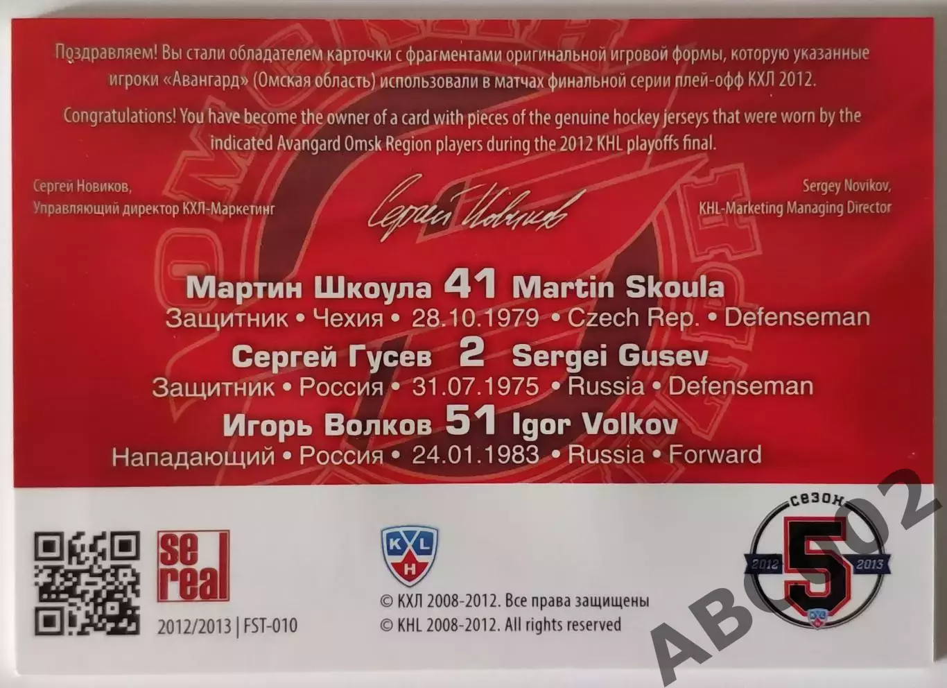 Джерси / Шкоула-Гусев-Волков / 130-133 / SeReal КХЛ 2012-13 / Авангард 1