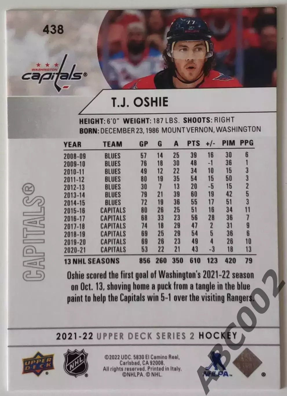Карточка НХЛ / T.J. Oshie / Washington Cpaitals 1
