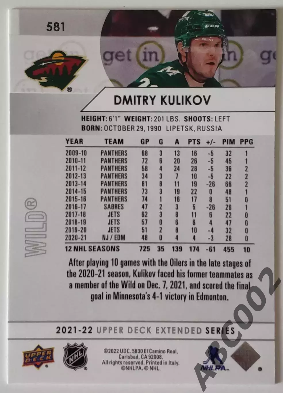 Карточка НХЛ / Dmitry Kulikov / Wild 1