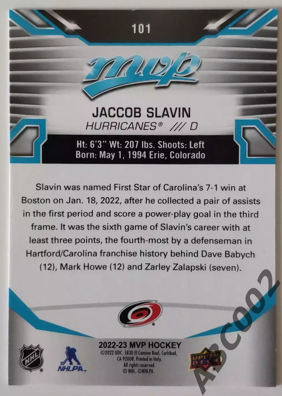 Карточка НХЛ / Jaccob Slavin/ Hurricanes 1