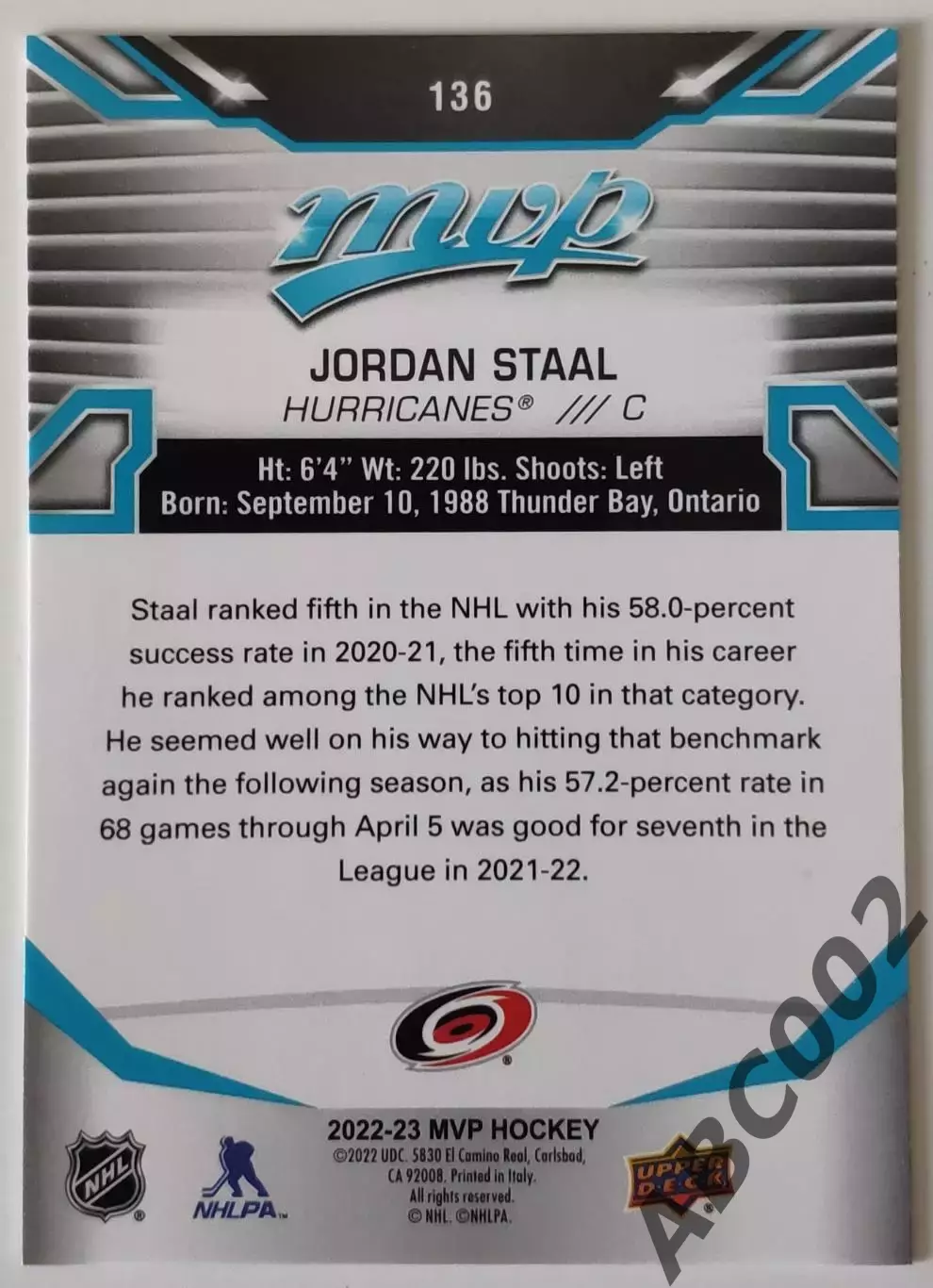 Карточка НХЛ / Jordan Staal / Hurricanes 1