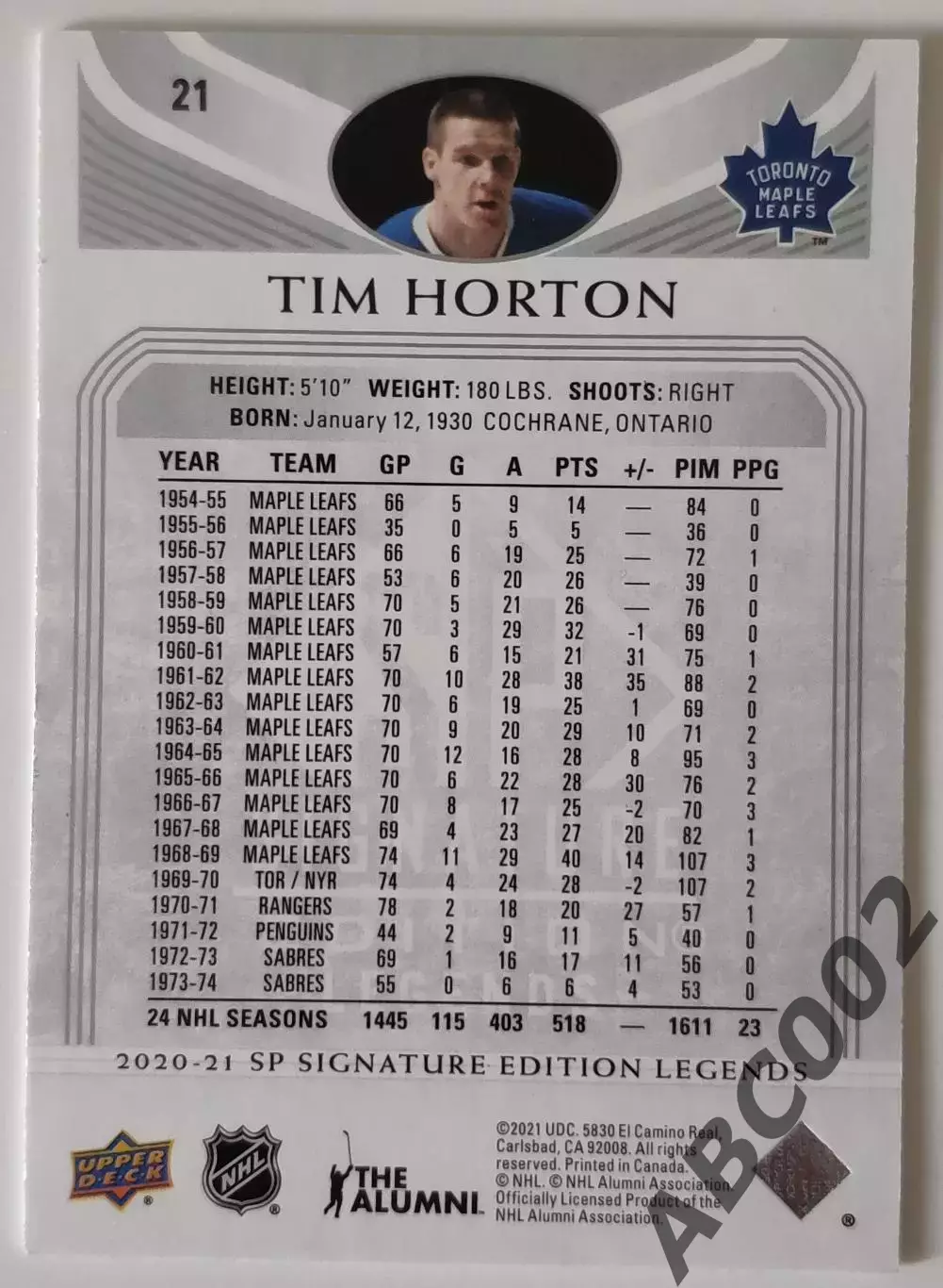 Карточка НХЛ / Tim Horton / Maple Leafs 1